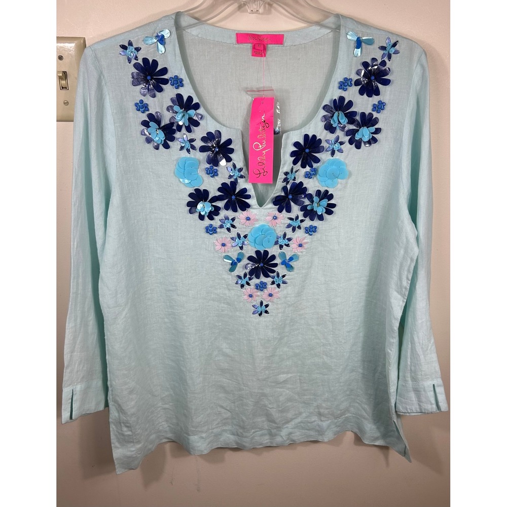 Lilly Pulitzer Amelia Island Tunic Women XL Whisper Blue Linen Floral Applique